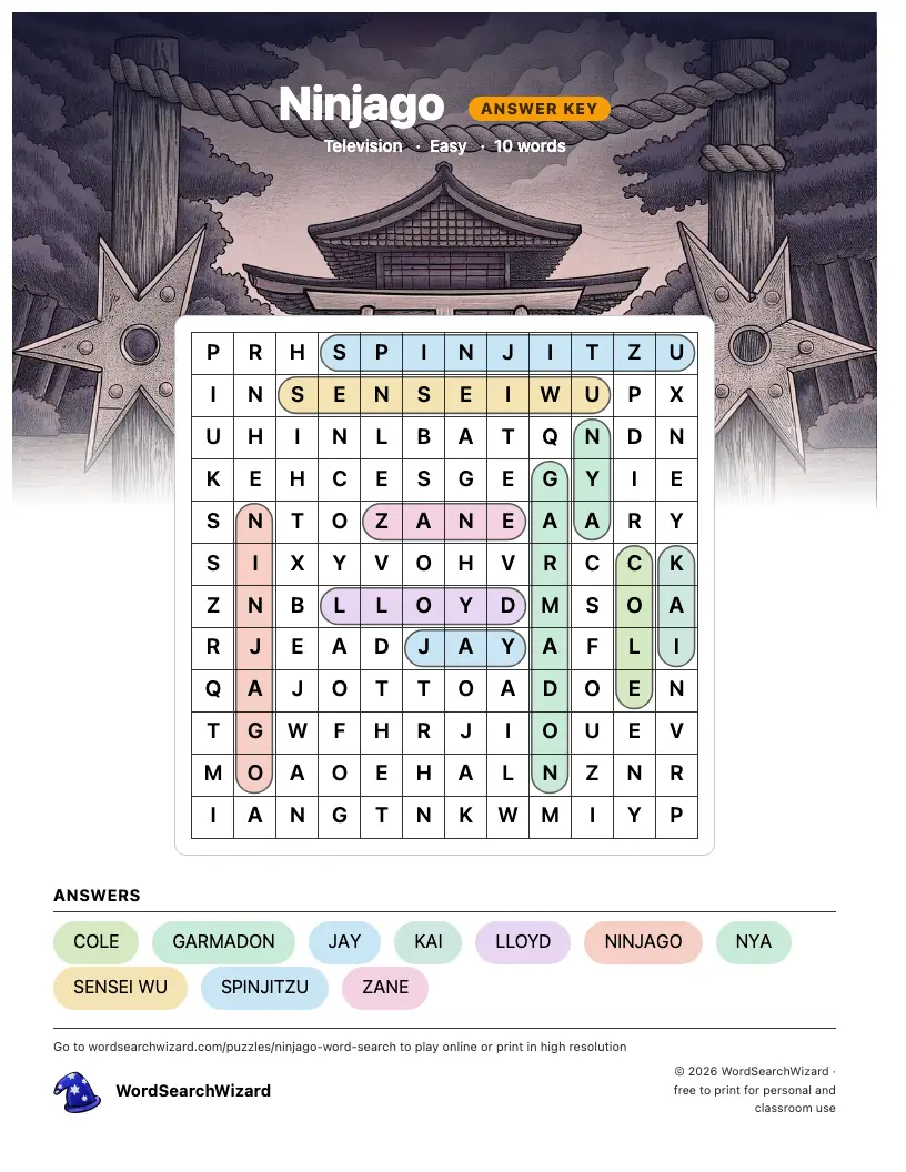 Ninjago word search answer key, all 10 words marked
