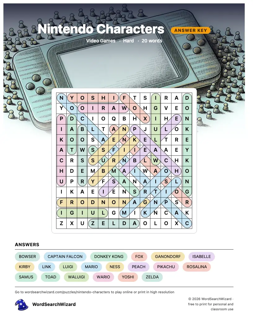 Nintendo Characters word search answer key, all 20 words marked