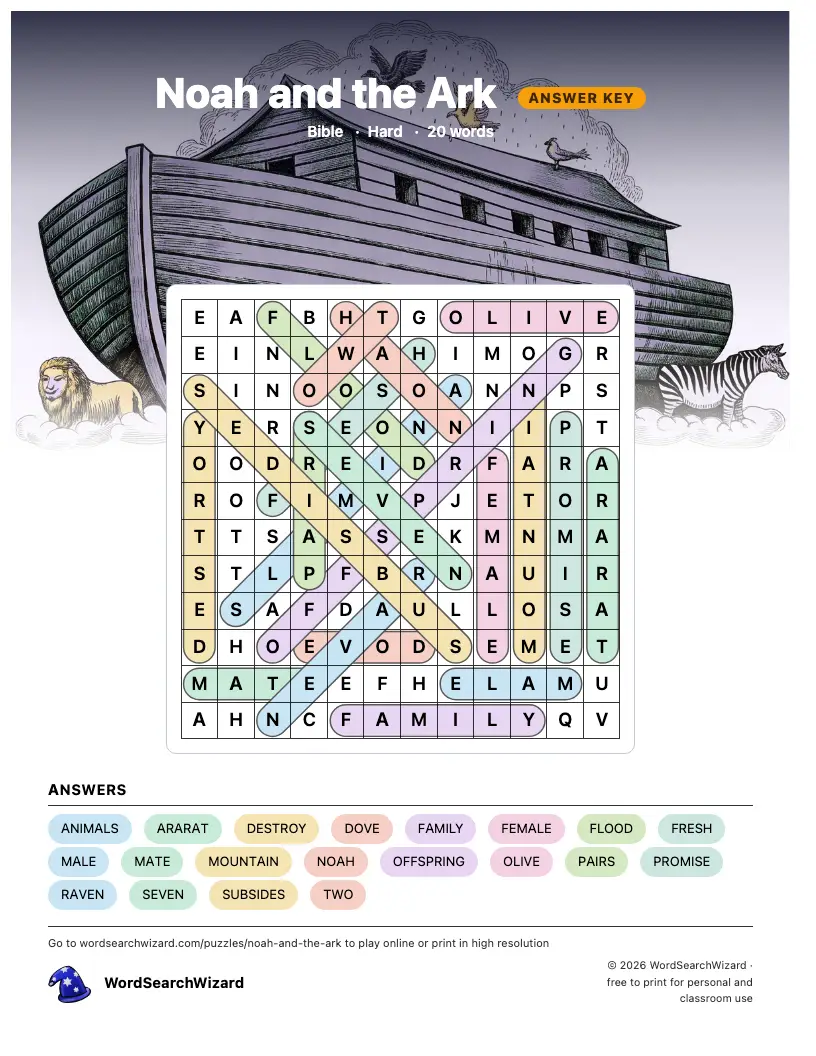 Noah and the Ark word search answer key, all 20 words marked