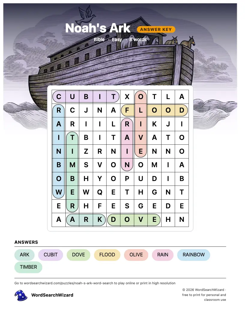 Noah's Ark word search answer key, all 8 words marked
