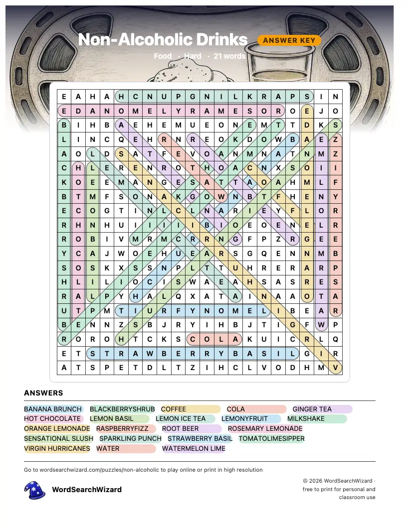 Non-Alcoholic Drinks word search answer key, all 21 words marked