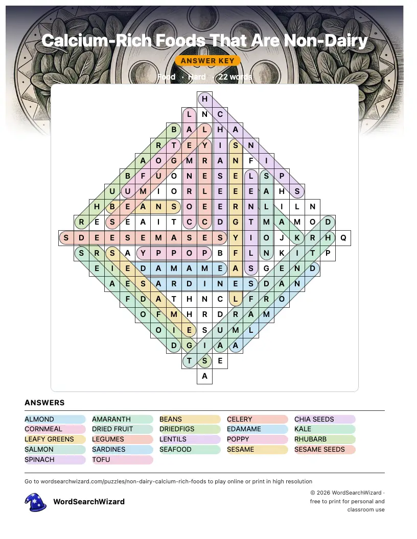 Calcium-Rich Foods That Are Non-Dairy word search answer key, all 22 words marked