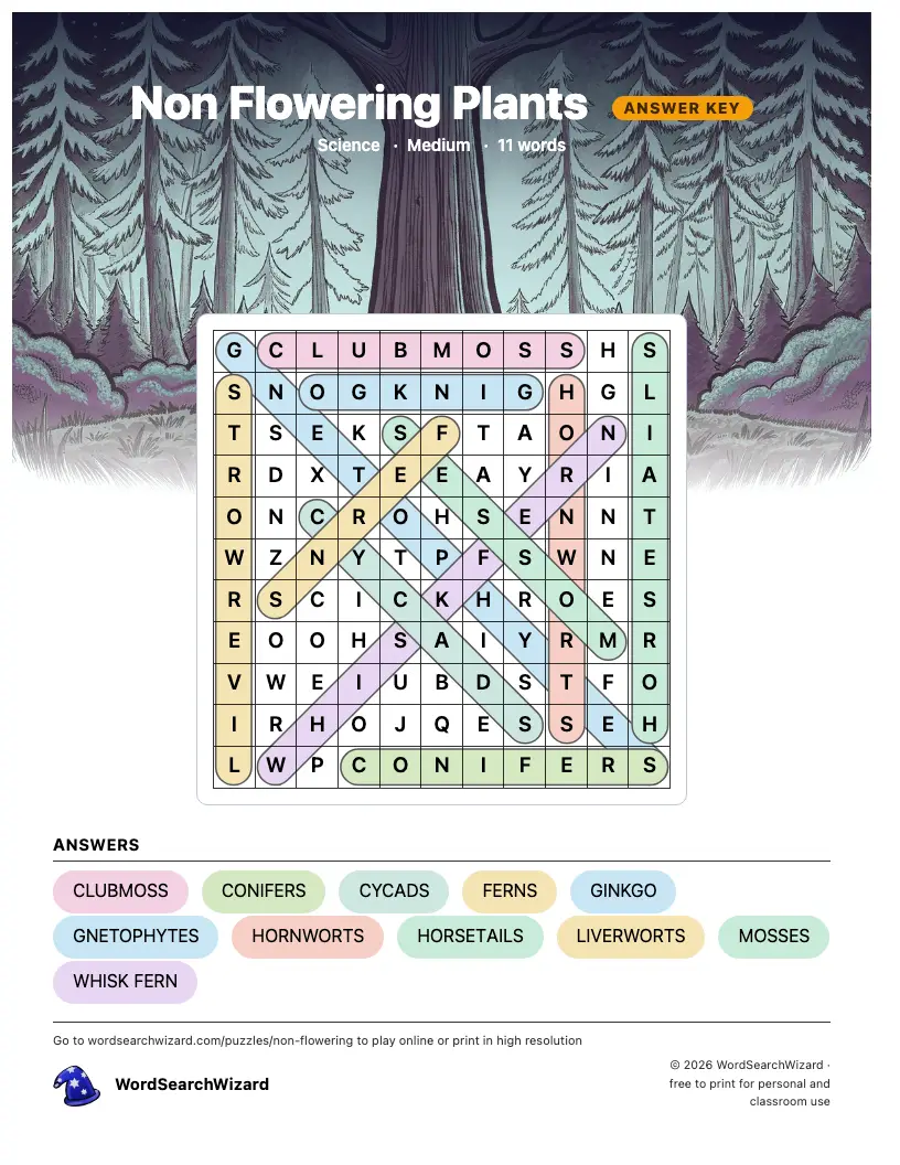 Non Flowering Plants word search answer key, all 11 words marked