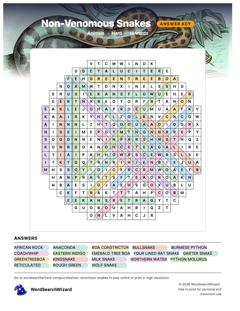 Non-Venomous Snakes word search answer key, all 18 words marked