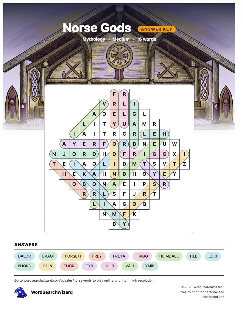 Norse Gods word search answer key, all 16 words marked