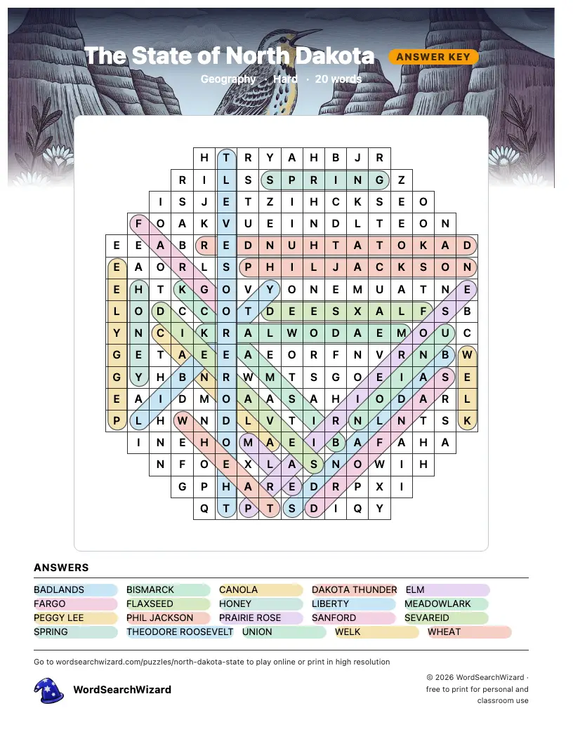 The State of North Dakota word search answer key, all 20 words marked