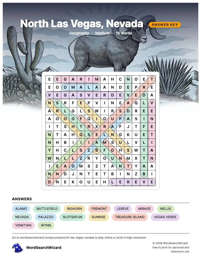 North Las Vegas, Nevada word search answer key, all 15 words marked