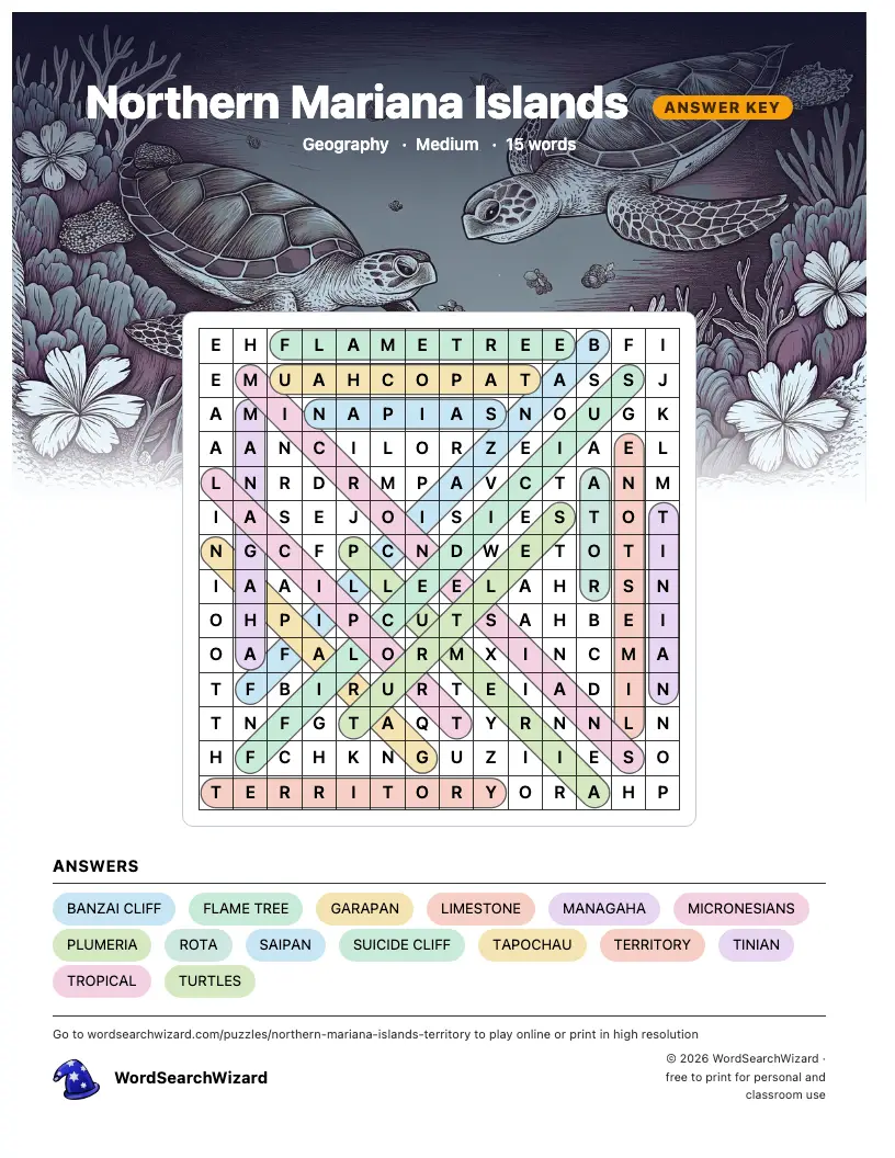 Northern Mariana Islands word search answer key, all 15 words marked