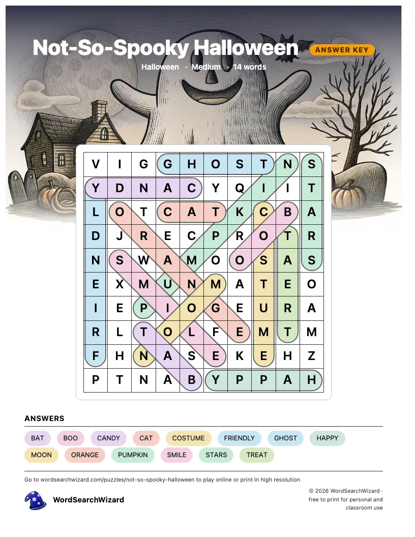 Not-So-Spooky Halloween word search answer key, all 14 words marked