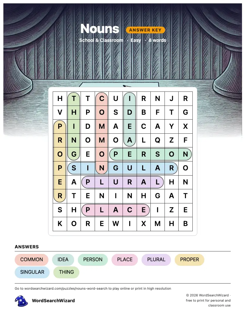 Nouns word search answer key, all 8 words marked
