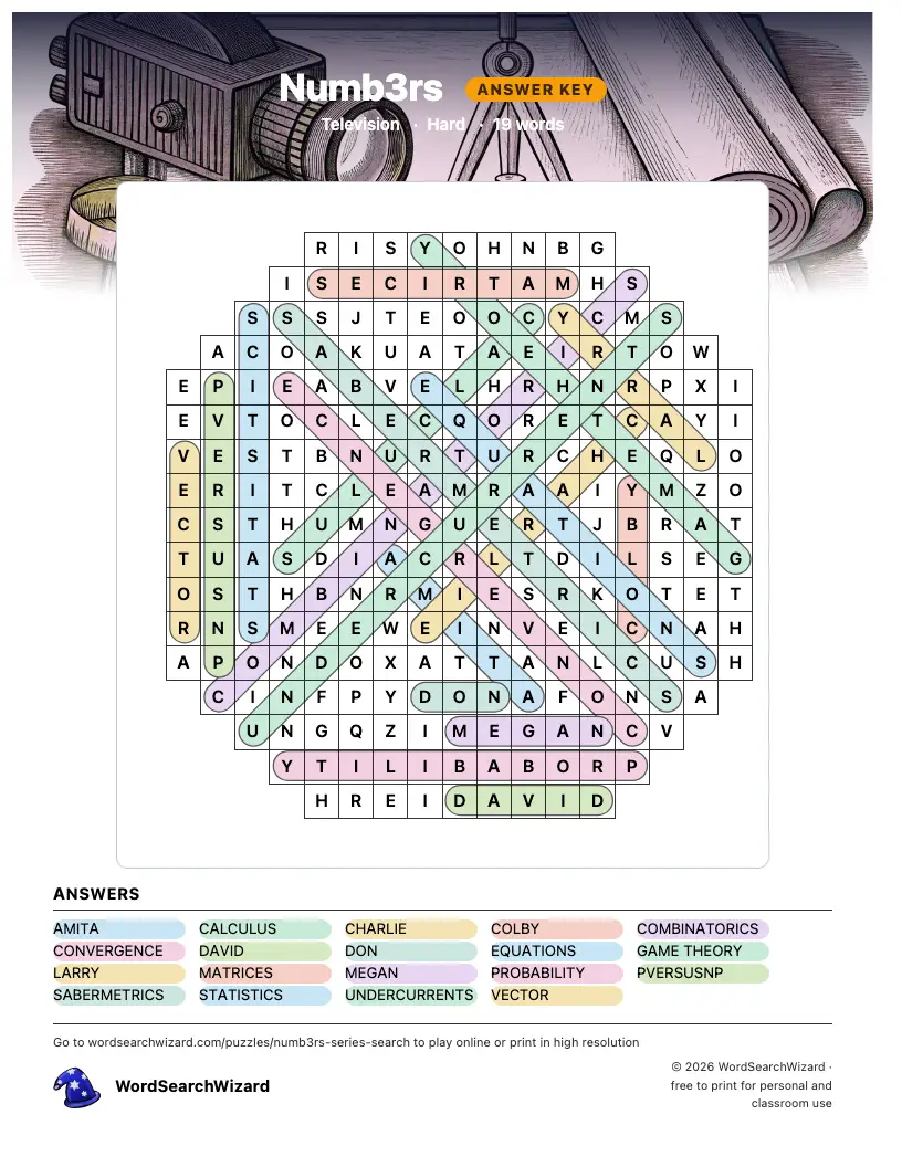 Numb3rs word search answer key, all 19 words marked