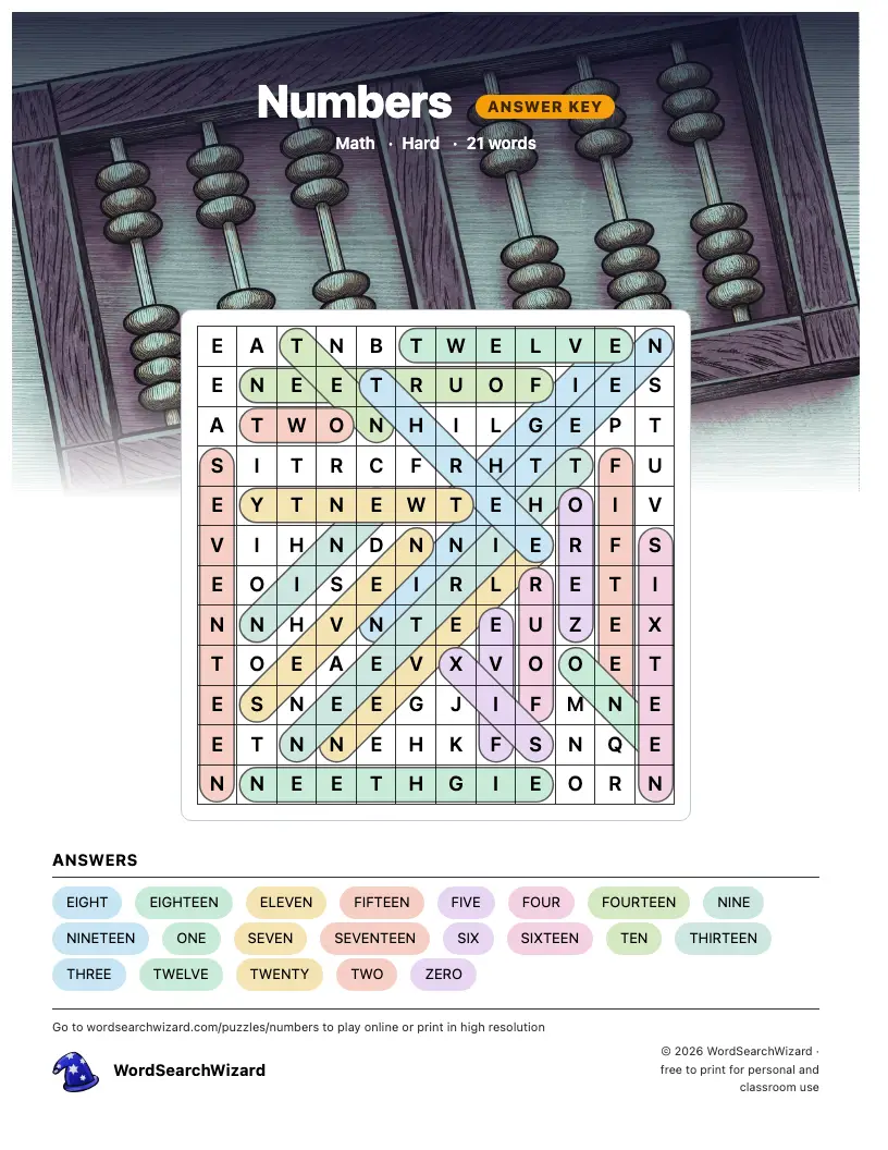 Numbers word search answer key, all 21 words marked