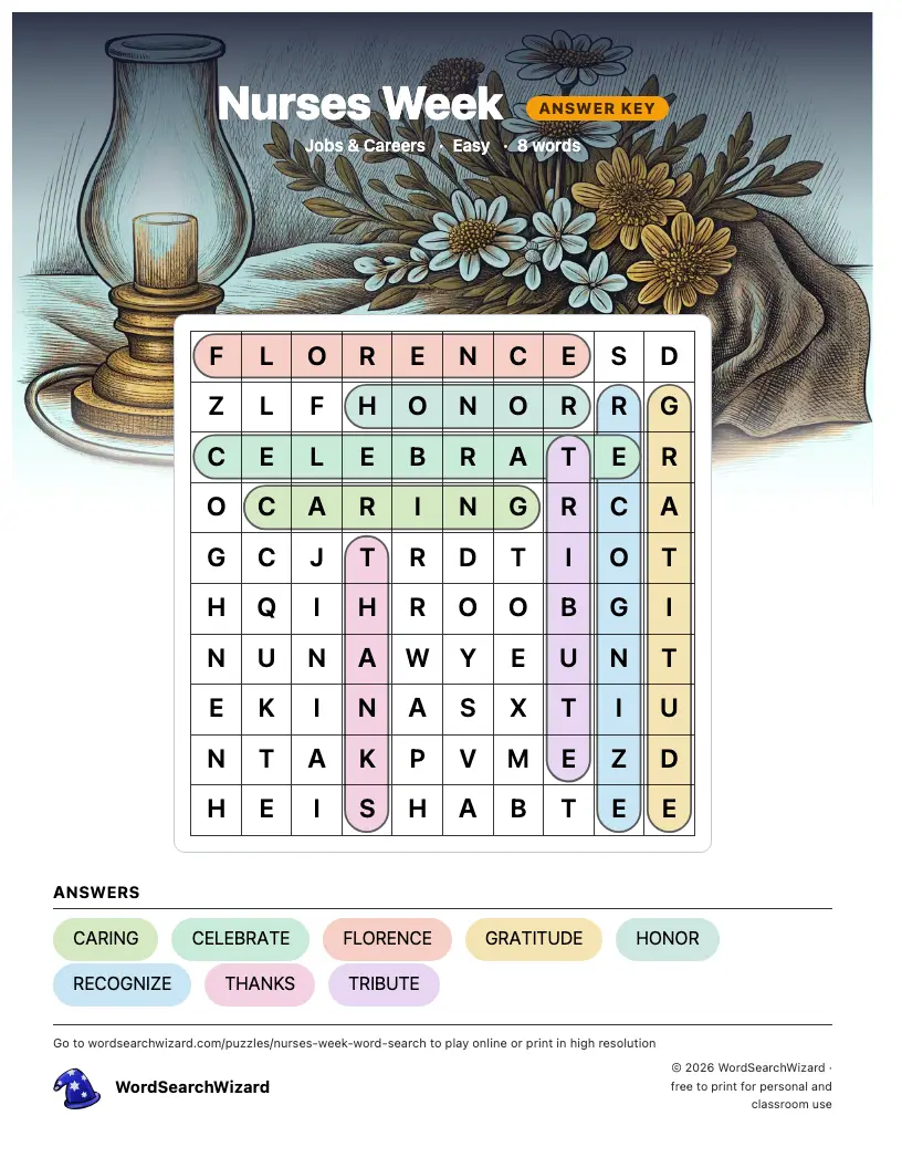 Nurses Week word search answer key, all 8 words marked