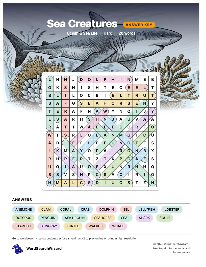 Sea Creatures word search answer key, all 20 words marked
