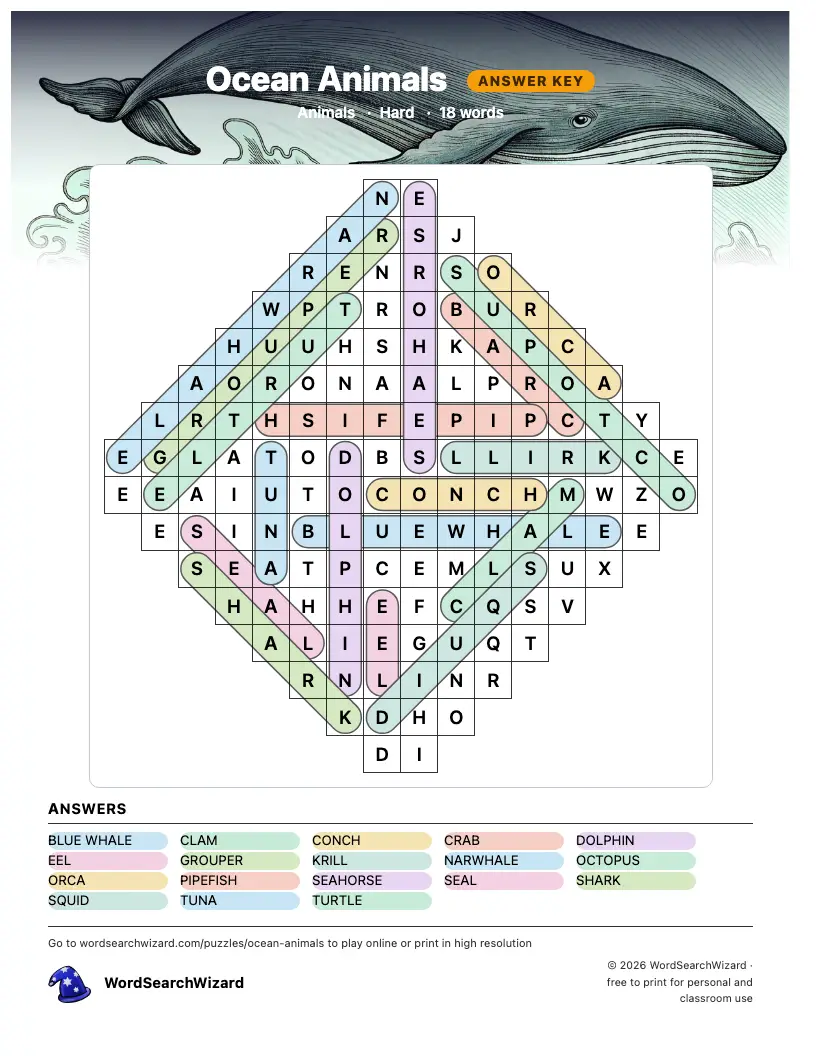 Ocean Animals word search answer key, all 18 words marked