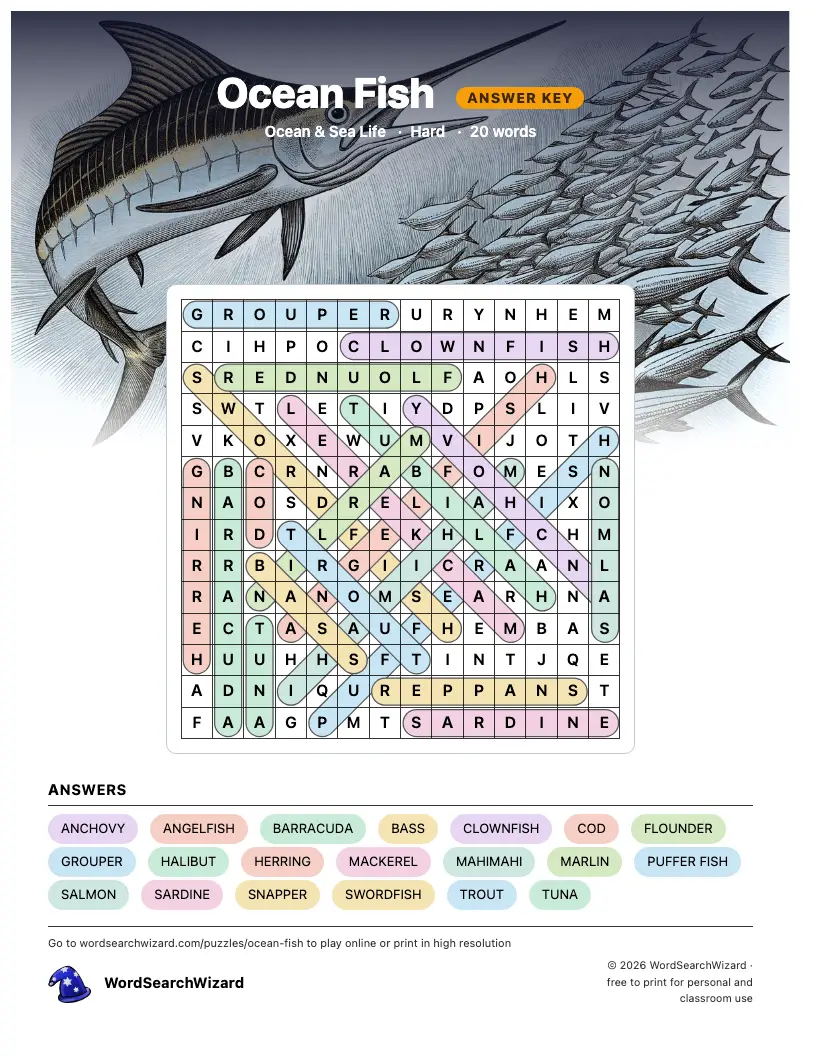 Ocean Fish word search answer key, all 20 words marked