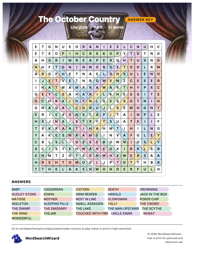 The October Country word search answer key, all 31 words marked