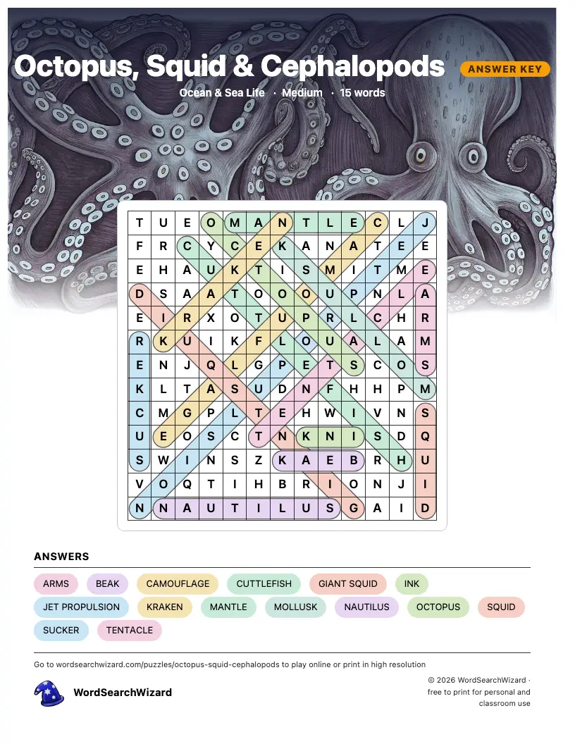 Octopus, Squid & Cephalopods word search answer key, all 15 words marked