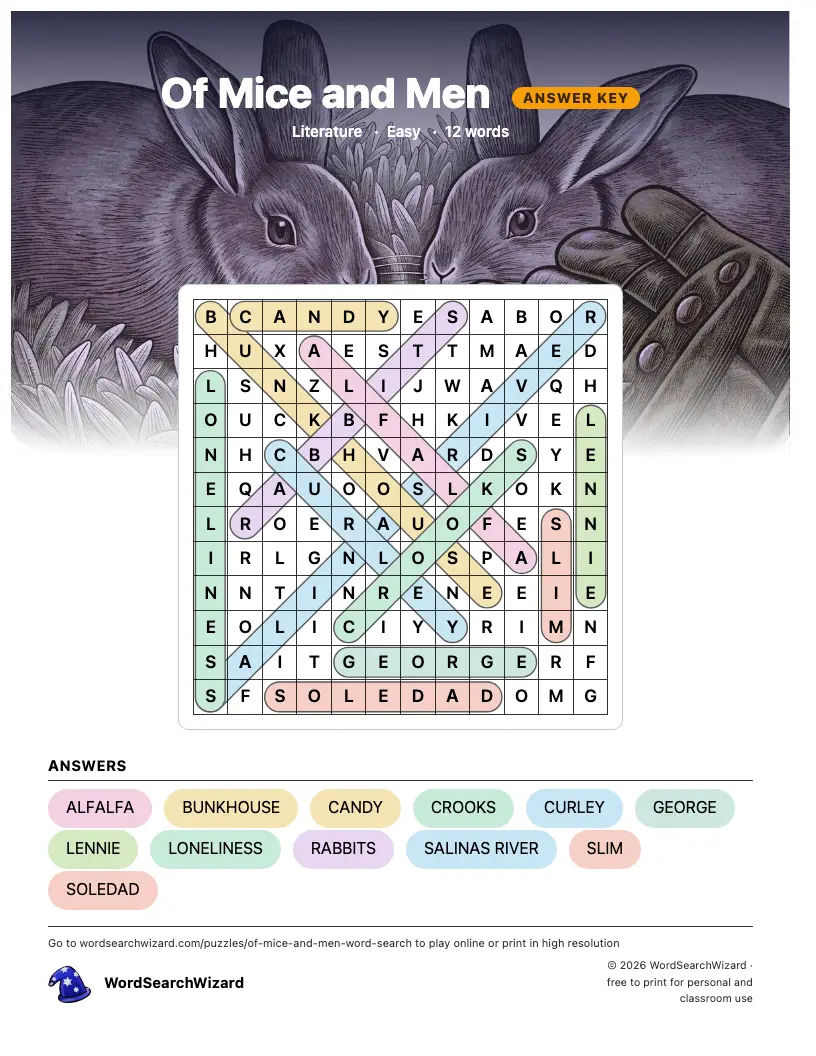 Of Mice and Men word search answer key, all 12 words marked