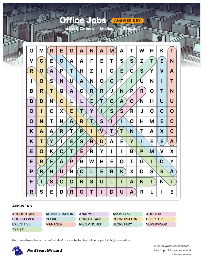 Office Jobs word search answer key, all 16 words marked