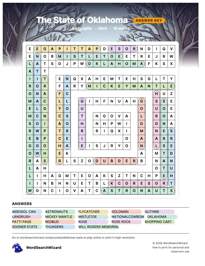 The State of Oklahoma word search answer key, all 18 words marked