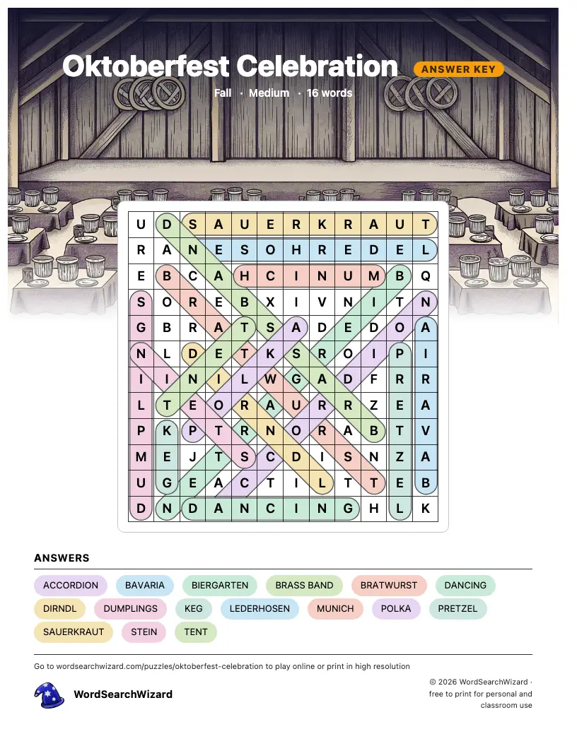 Oktoberfest Celebration word search answer key, all 16 words marked