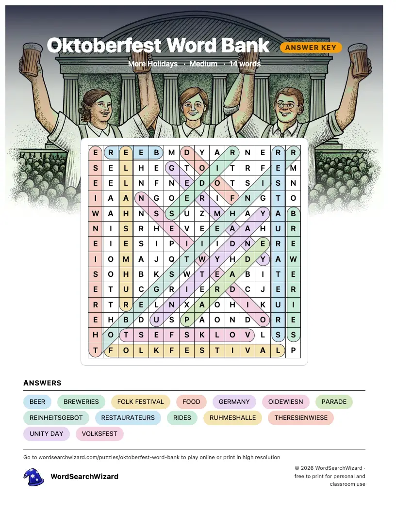 Oktoberfest Word Bank word search answer key, all 14 words marked