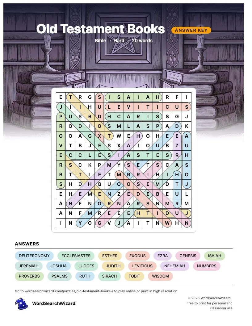 Old Testament Books word search answer key, all 20 words marked