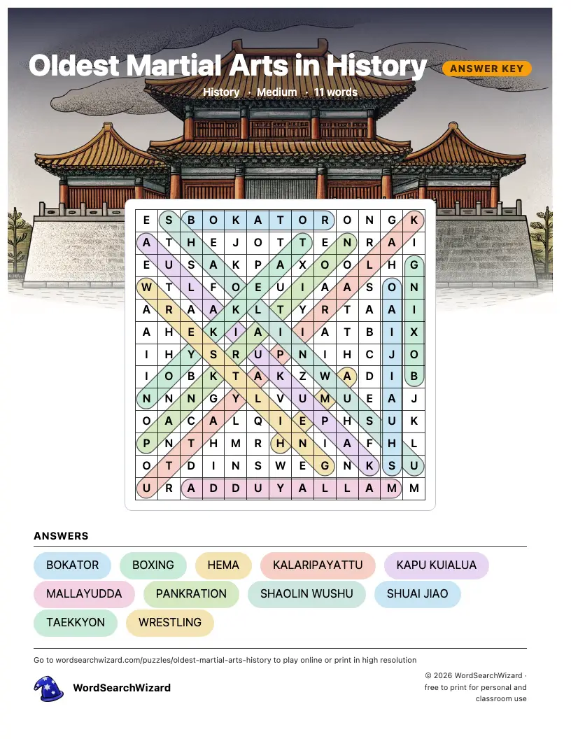 Oldest Martial Arts in History word search answer key, all 11 words marked