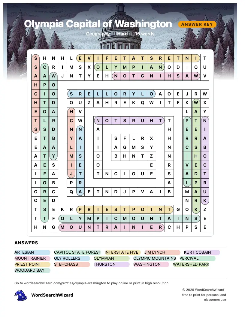 Olympia Capital of Washington word search answer key, all 16 words marked