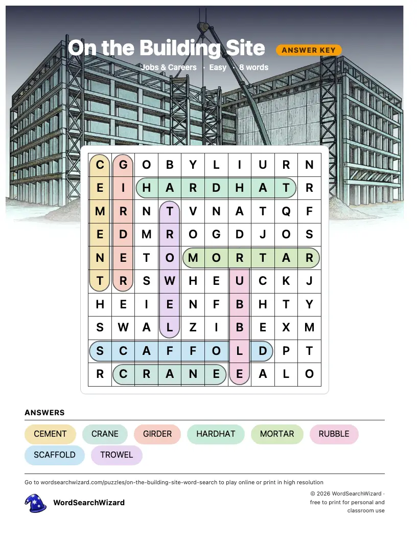 On the Building Site word search answer key, all 8 words marked