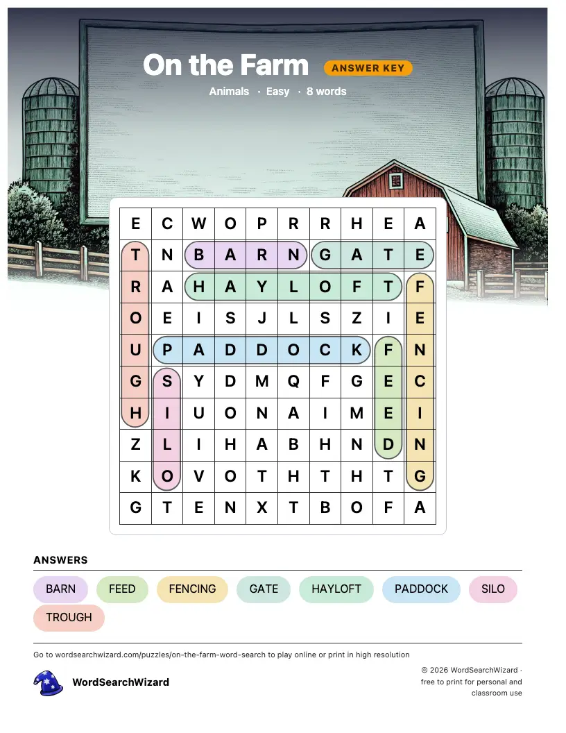 On the Farm word search answer key, all 8 words marked