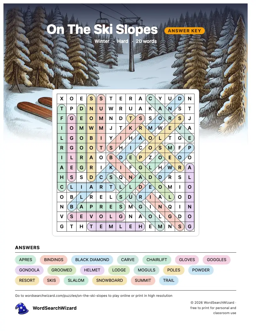 On The Ski Slopes word search answer key, all 20 words marked