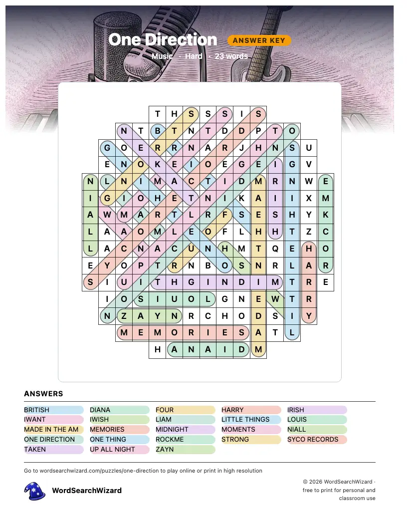 One Direction word search answer key, all 23 words marked