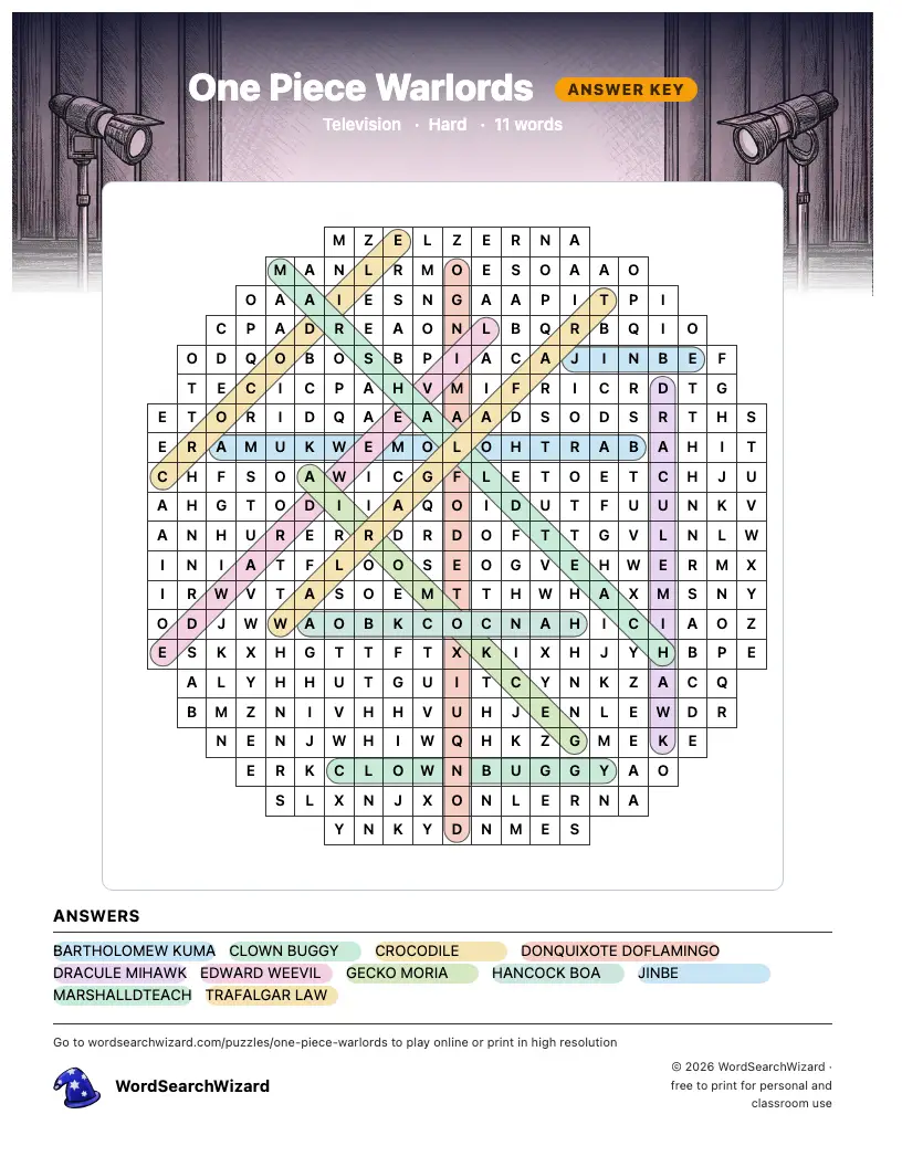 One Piece Warlords word search answer key, all 11 words marked