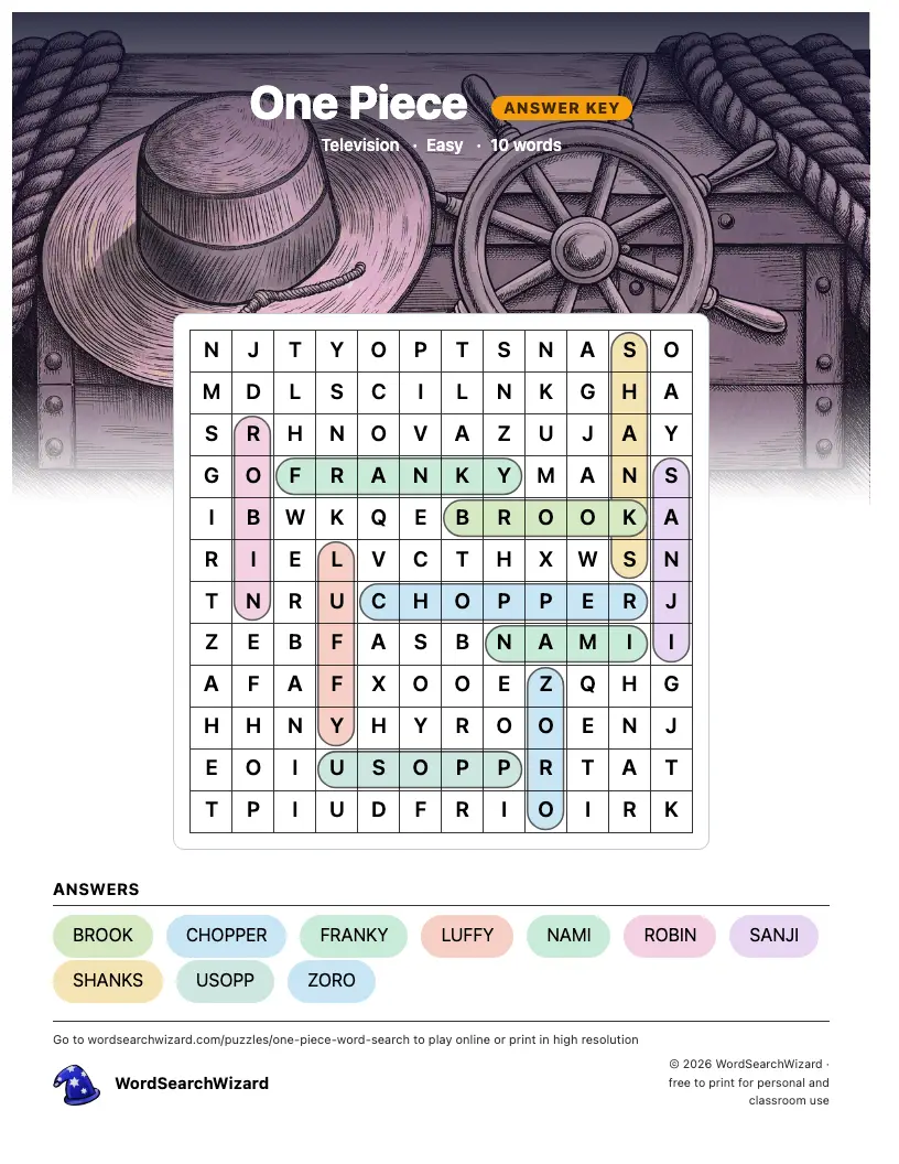 One Piece word search answer key, all 10 words marked