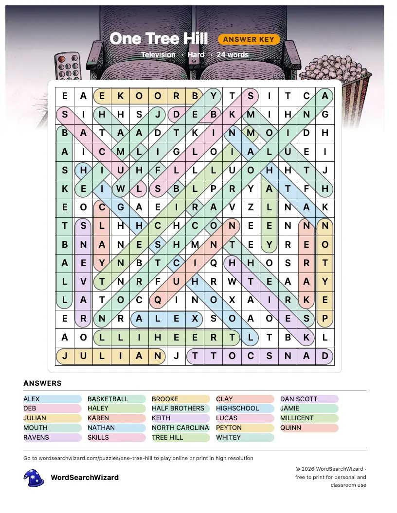 One Tree Hill word search answer key, all 24 words marked