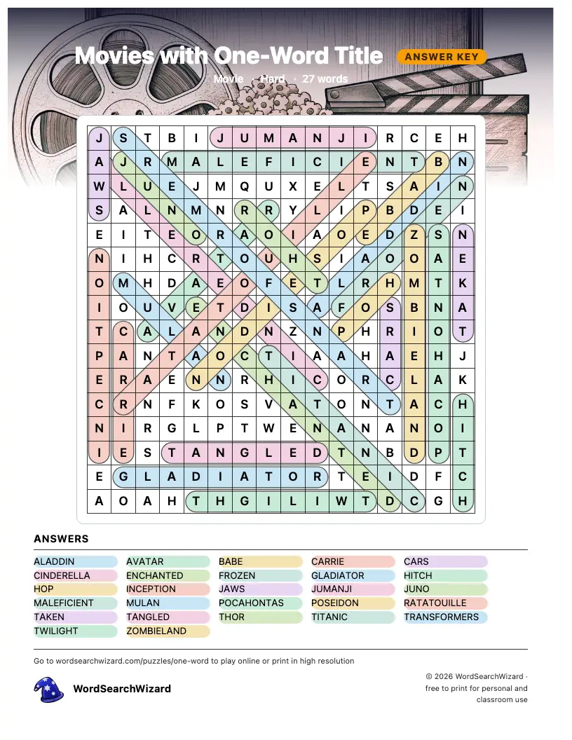 Movies with One-Word Title word search answer key, all 27 words marked