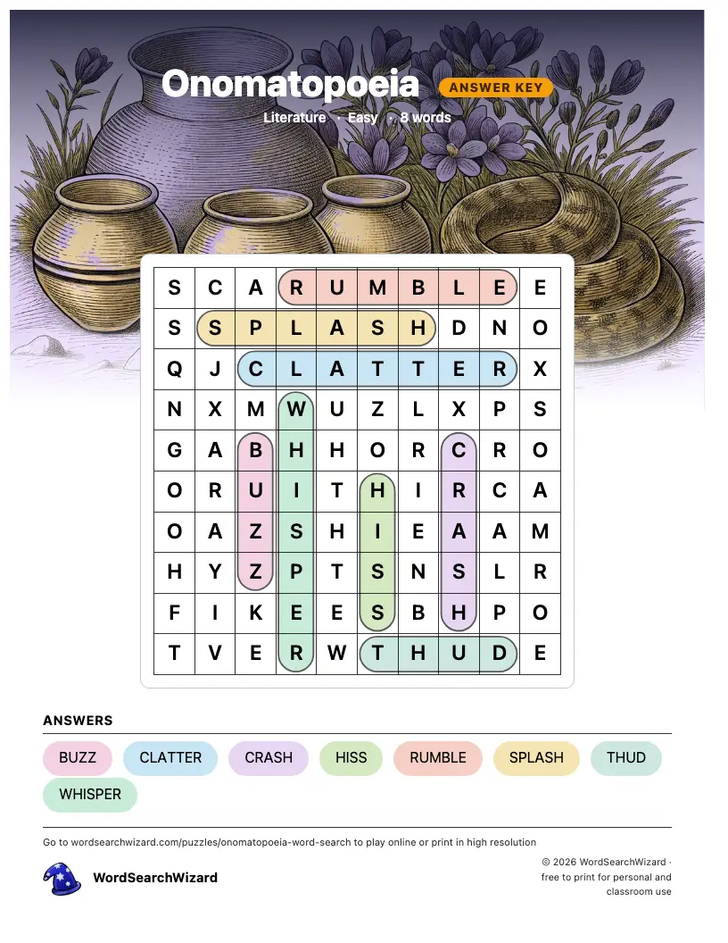 Onomatopoeia word search answer key, all 8 words marked