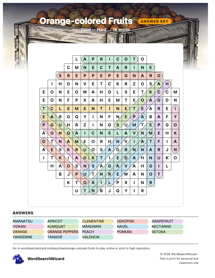 Orange-colored Fruits word search answer key, all 18 words marked