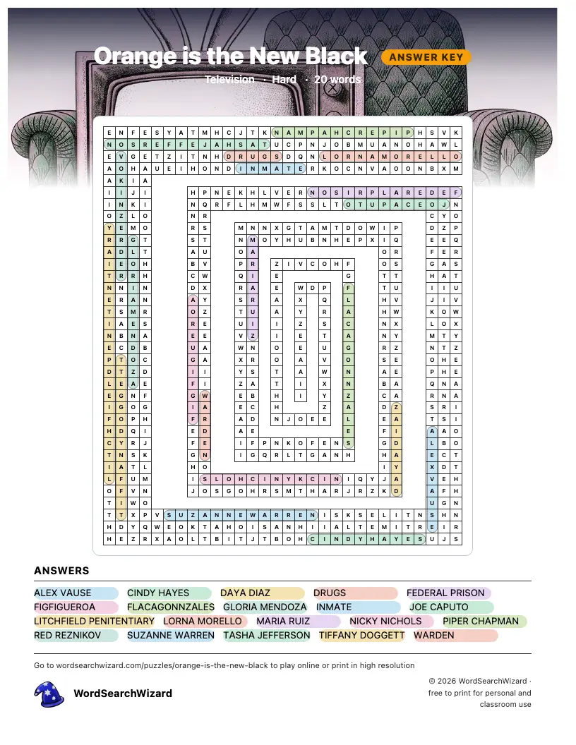 Orange is the New Black word search answer key, all 20 words marked