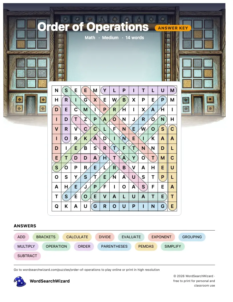 Order of Operations word search answer key, all 14 words marked