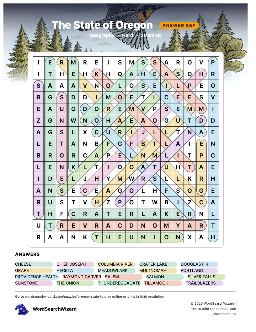 The State of Oregon word search answer key, all 20 words marked
