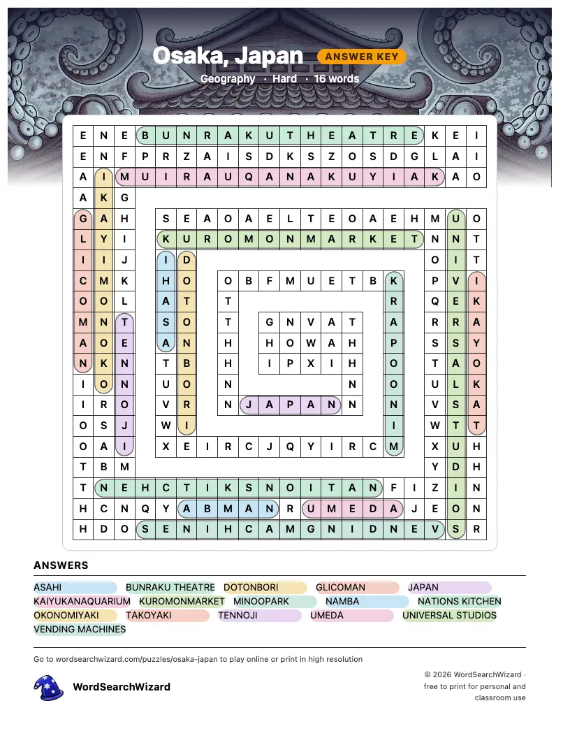 Osaka, Japan word search answer key, all 16 words marked