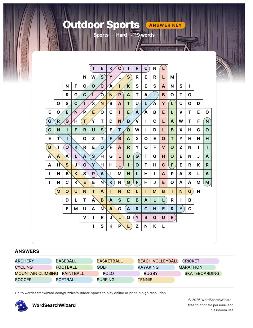 Outdoor Sports word search answer key, all 19 words marked