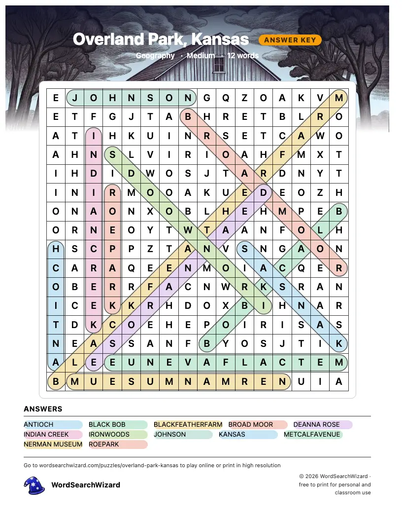 Overland Park, Kansas word search answer key, all 12 words marked
