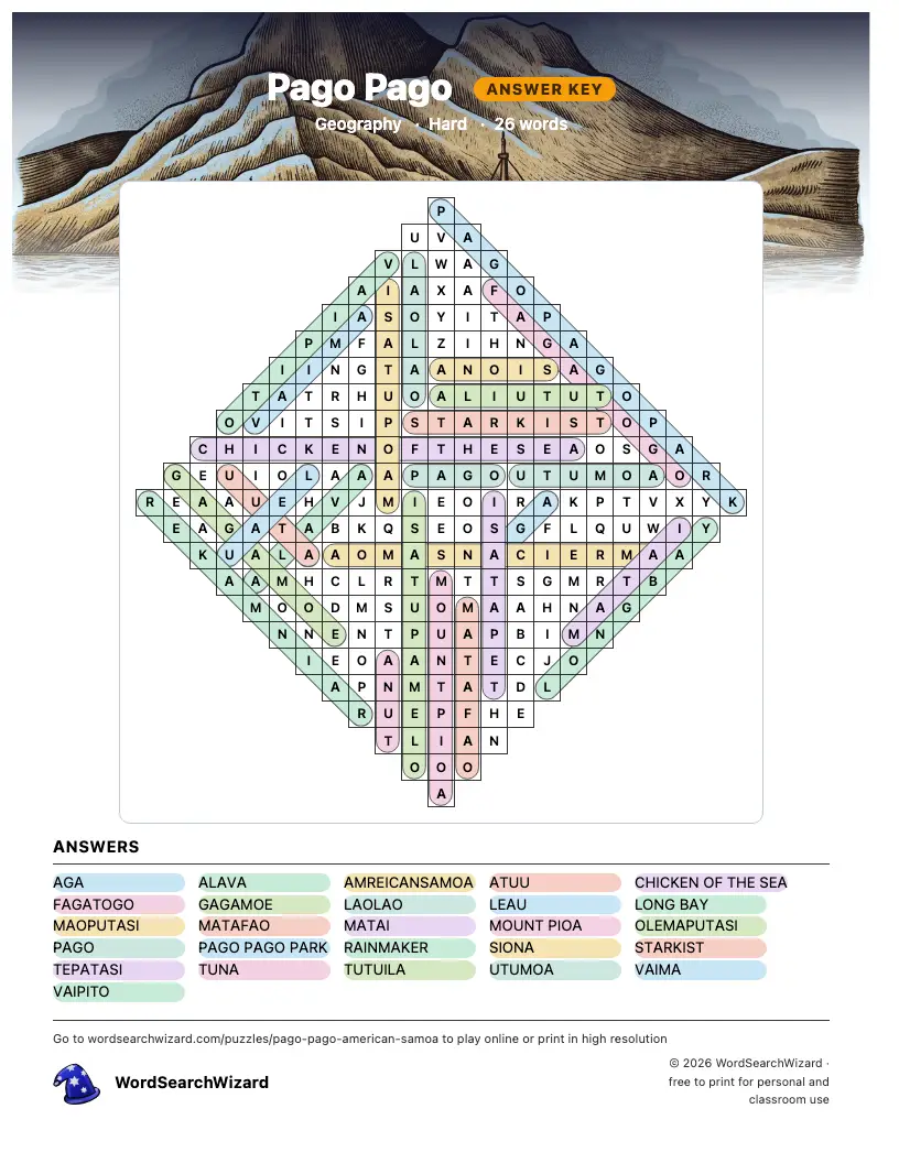 Pago Pago word search answer key, all 26 words marked