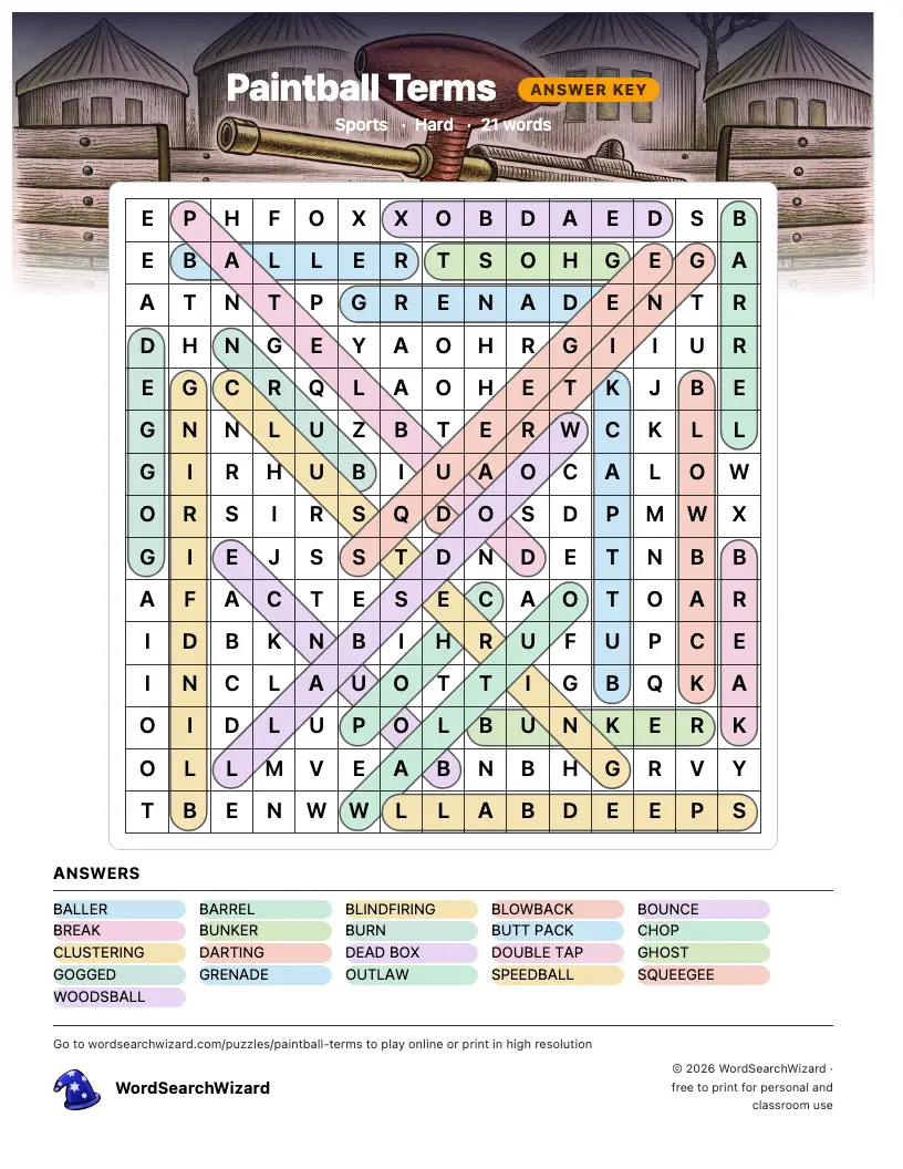Paintball Terms word search answer key, all 21 words marked