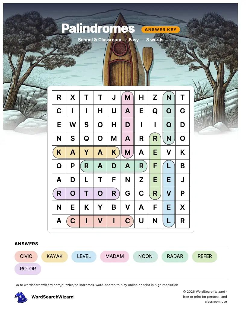 Palindromes word search answer key, all 8 words marked