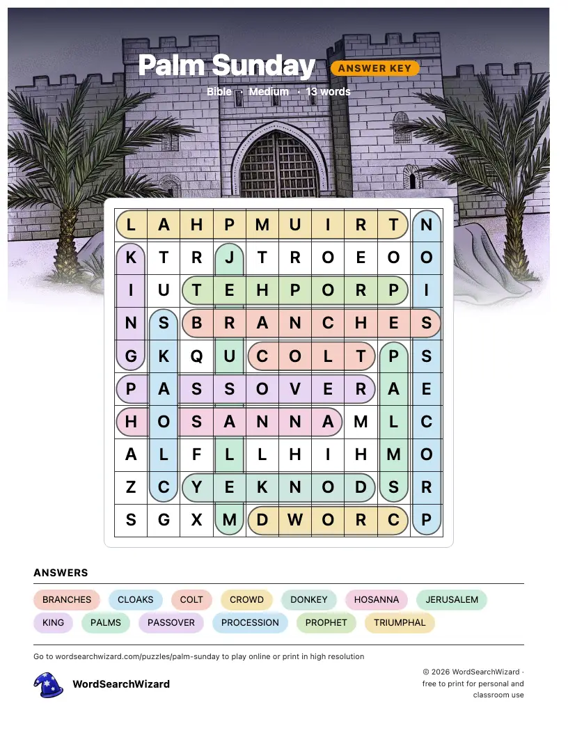 Palm Sunday word search answer key, all 13 words marked